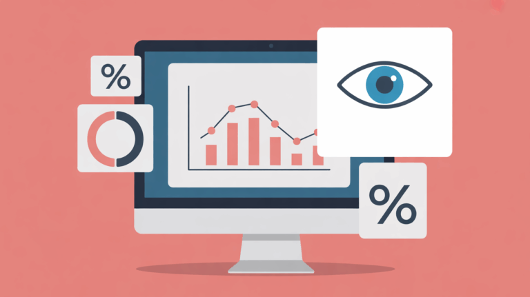 Ilustrácia merania viewability – obrazovka s grafmi, percentami a ikonou oka.