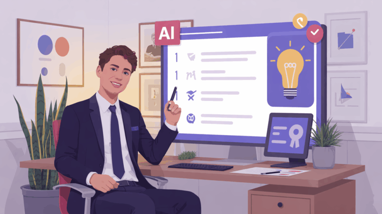 Ilustrácia marketingového profesionála, ktorý dostáva zhrnuté informácie od AI asistenta na obrazovke, zobrazujúca praktické využitie Bullet Brain.